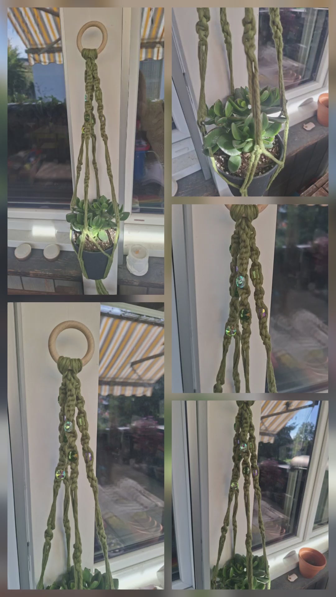 Makramee Blumenampel Grün mit Schmucksteinen | Boho Pflanzenhänger | handgemachtes Unikat