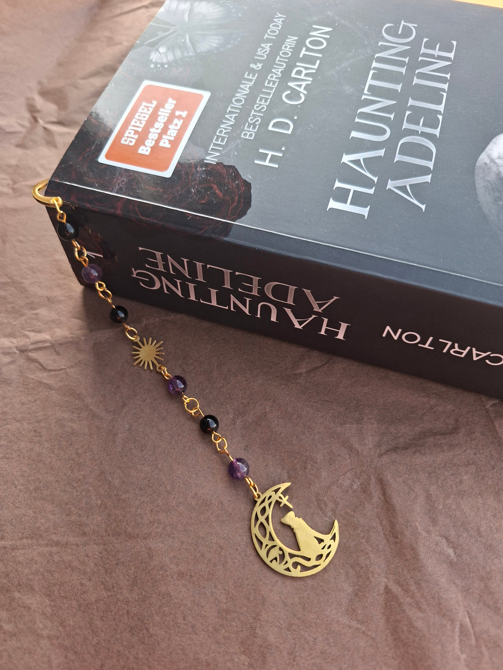 Handmade lesezeichen gold schwarz - katze anhänger -amethyst perlen