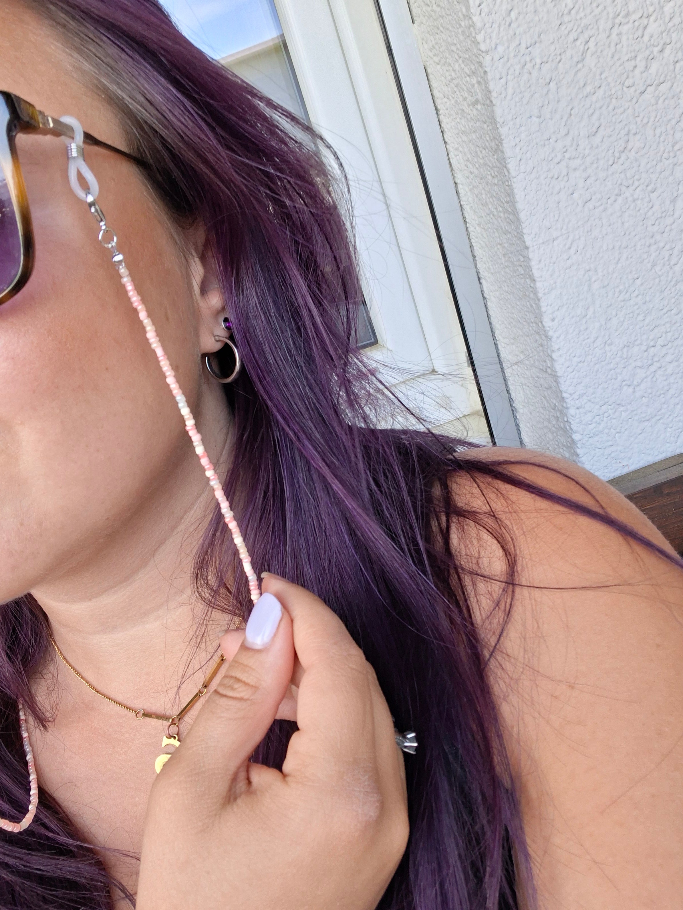 Handgemachte Sonnenbrillenkette Rosa Weiss | Perlen Brillenkette für Sonnenbrille & Lesebrille